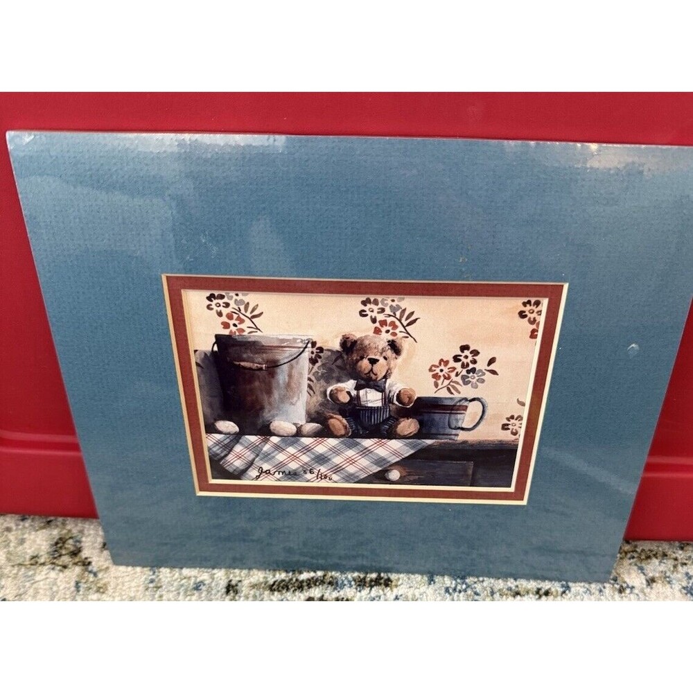 watercolor painting Teddy Bear Floral Farm House Signed Framed Numbered 6x4in